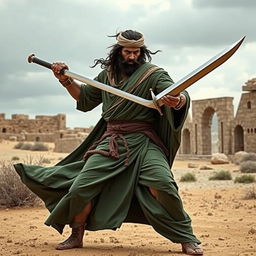 A powerful man dressed in traditional ancient Arabian clothing, primarily in shades of green, stands valiantly in a dramatic pose