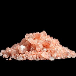 A close-up view of coarse pink salt crystals, showcasing large, glassy, and transparent chunks