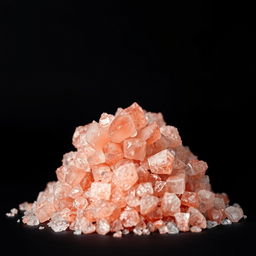 A close-up view of coarse pink salt crystals, showcasing large, glassy, and transparent chunks