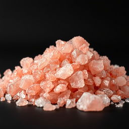 A close-up view of coarse pink salt crystals, showcasing large, glassy, and transparent chunks