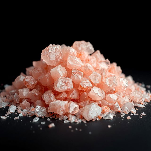 A close-up view of coarse pink salt crystals, showcasing large, glassy, and transparent chunks