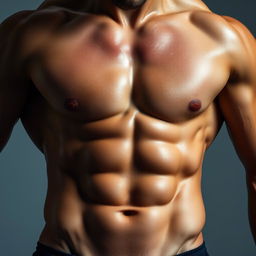 A close-up view of well-defined, athletic male abs gleaming with sweat, showcasing a fit and toned physique