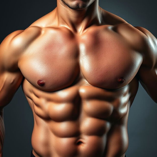 A close-up view of well-defined, athletic male abs gleaming with sweat, showcasing a fit and toned physique