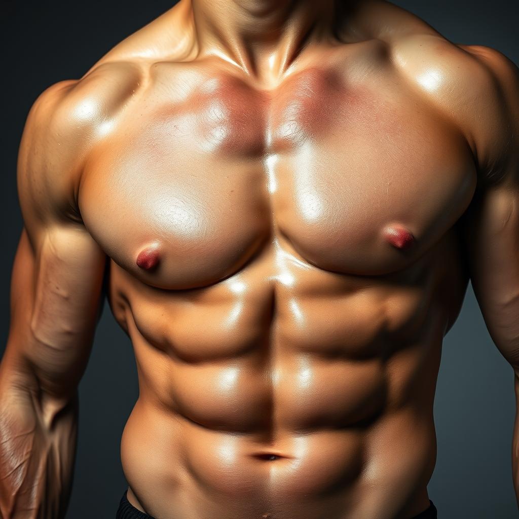 A close-up view of well-defined, athletic male abs gleaming with sweat, showcasing a fit and toned physique