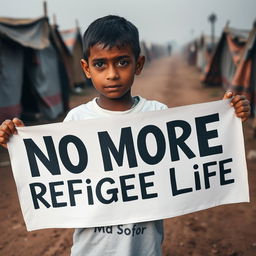 A heartfelt scene in a refugee camp, featuring a young boy holding a large, bold banner that reads 'No More Refugee Life