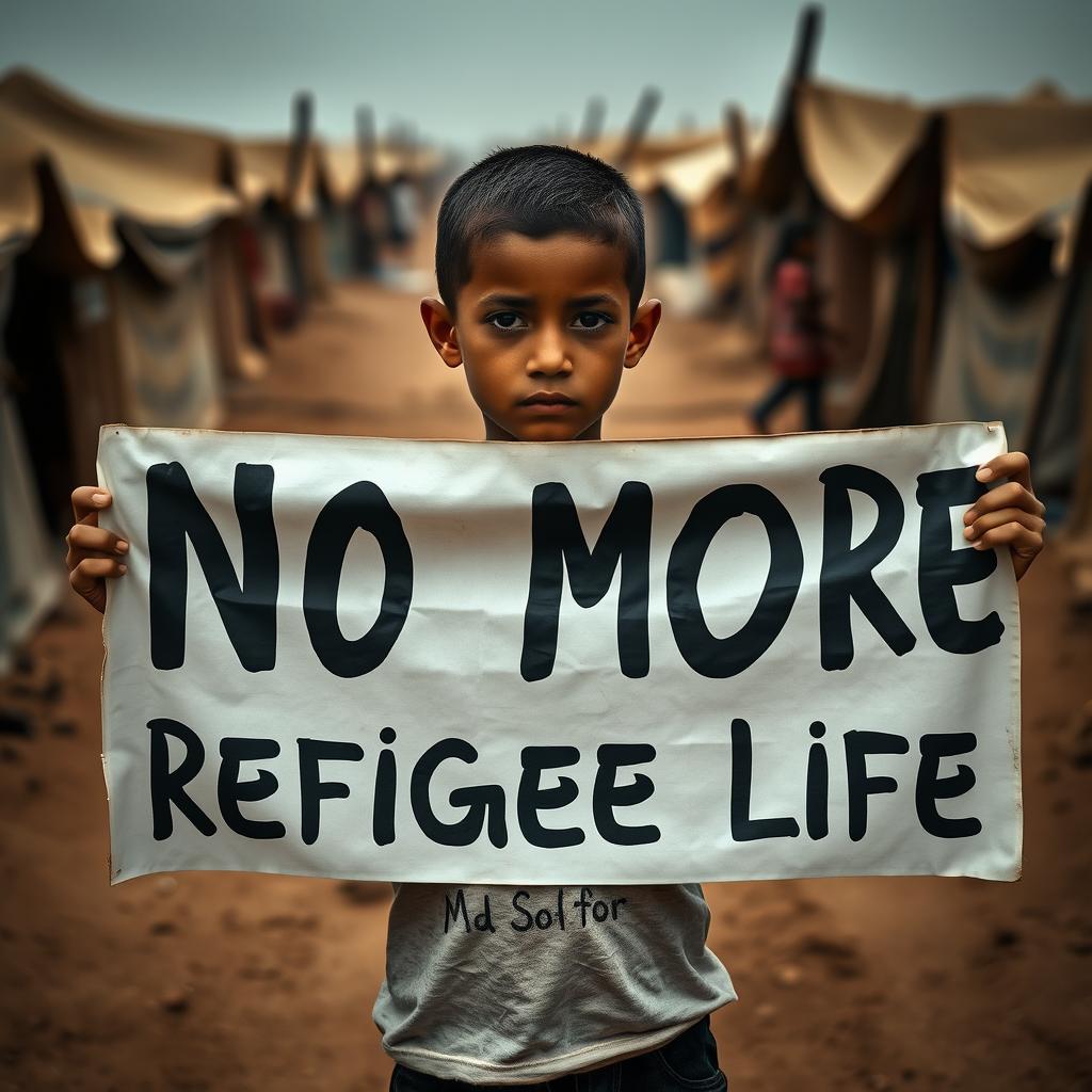 A heartfelt scene in a refugee camp, featuring a young boy holding a large, bold banner that reads 'No More Refugee Life