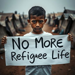 A heartfelt scene in a refugee camp, featuring a young boy holding a large, bold banner that reads 'No More Refugee Life