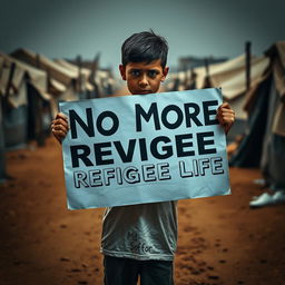 A heartfelt scene in a refugee camp, featuring a young boy holding a large, bold banner that reads 'No More Refugee Life