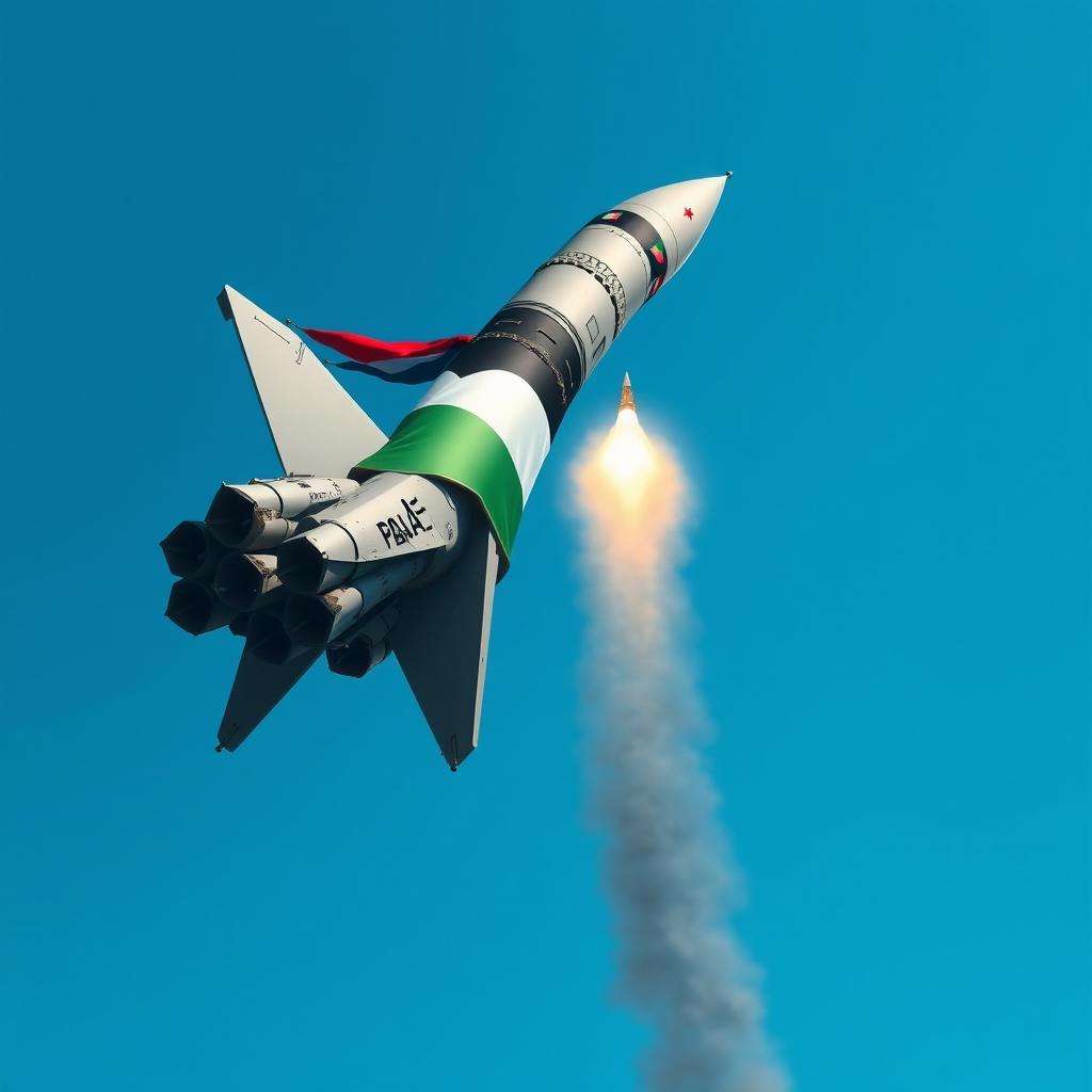 A highly detailed illustration of a ballistic missile prominently displaying the flags of Palestine and Yemen