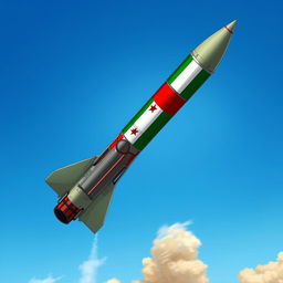 A highly detailed illustration of a ballistic missile prominently displaying the flags of Palestine and Yemen