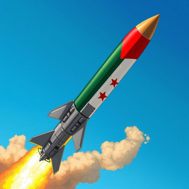 A highly detailed illustration of a ballistic missile prominently displaying the flags of Palestine and Yemen