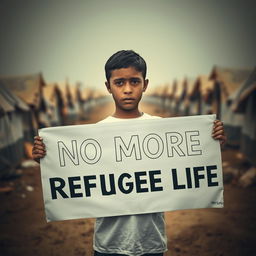 A young boy standing in a refugee camp, holding a large banner that reads 'No More Refugee Life' in bold, clear letters