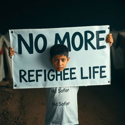 A young boy standing in a refugee camp, holding a large banner that reads 'No More Refugee Life' in bold, clear letters