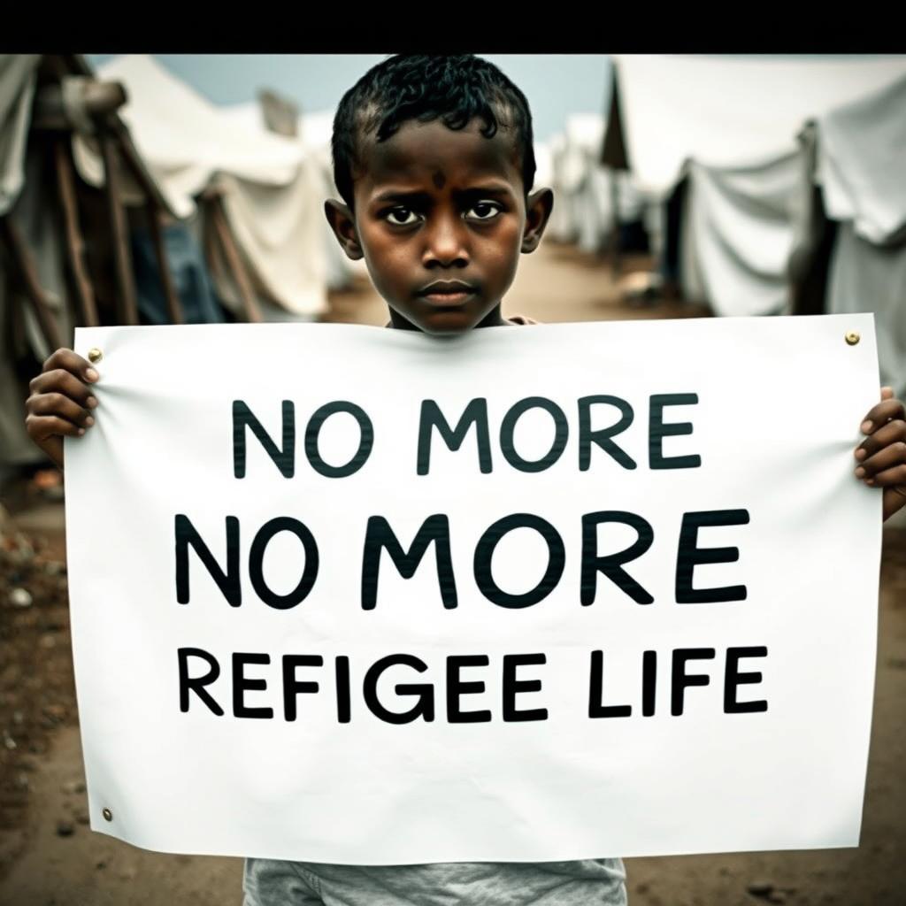 A young boy standing in a refugee camp, holding a large banner that reads 'No More Refugee Life' in bold, clear letters