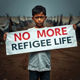 A young boy standing in a refugee camp, holding a large banner that reads 'No More Refugee Life' in bold, clear letters