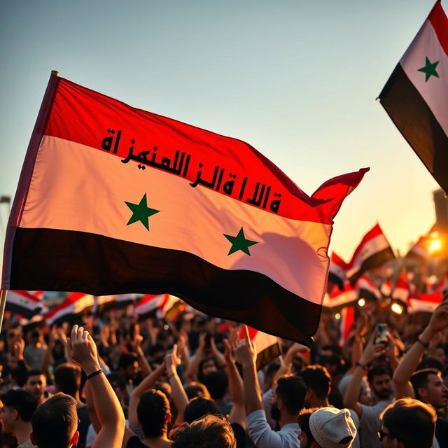 A vibrant and powerful image capturing the flag of the Syrian revolution with the text 'La ilaha illallah' (There is no god but Allah) prominently featured