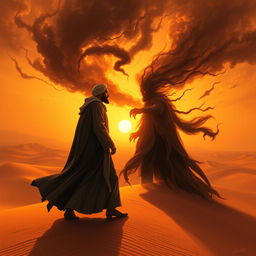 A dramatic and intense scene depicting Imam Mahdi confronting the false messiah (Al-Masih ad-Dajjal) in a vast, barren desert