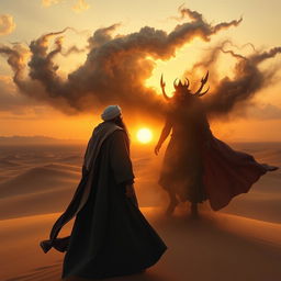 A dramatic and intense scene depicting Imam Mahdi confronting the false messiah (Al-Masih ad-Dajjal) in a vast, barren desert