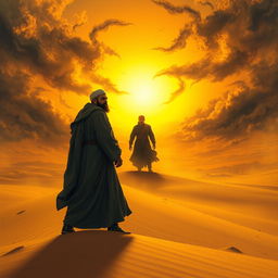 A dramatic and intense scene depicting Imam Mahdi confronting the false messiah (Al-Masih ad-Dajjal) in a vast, barren desert
