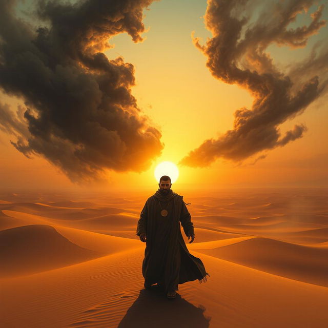 A dramatic and intense scene depicting Imam Mahdi confronting the false messiah (Al-Masih ad-Dajjal) in a vast, barren desert