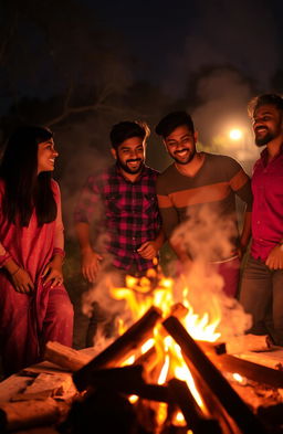 A vibrant scene capturing two straight couples and one gay couple from India, all college students, gathered around a bonfire
