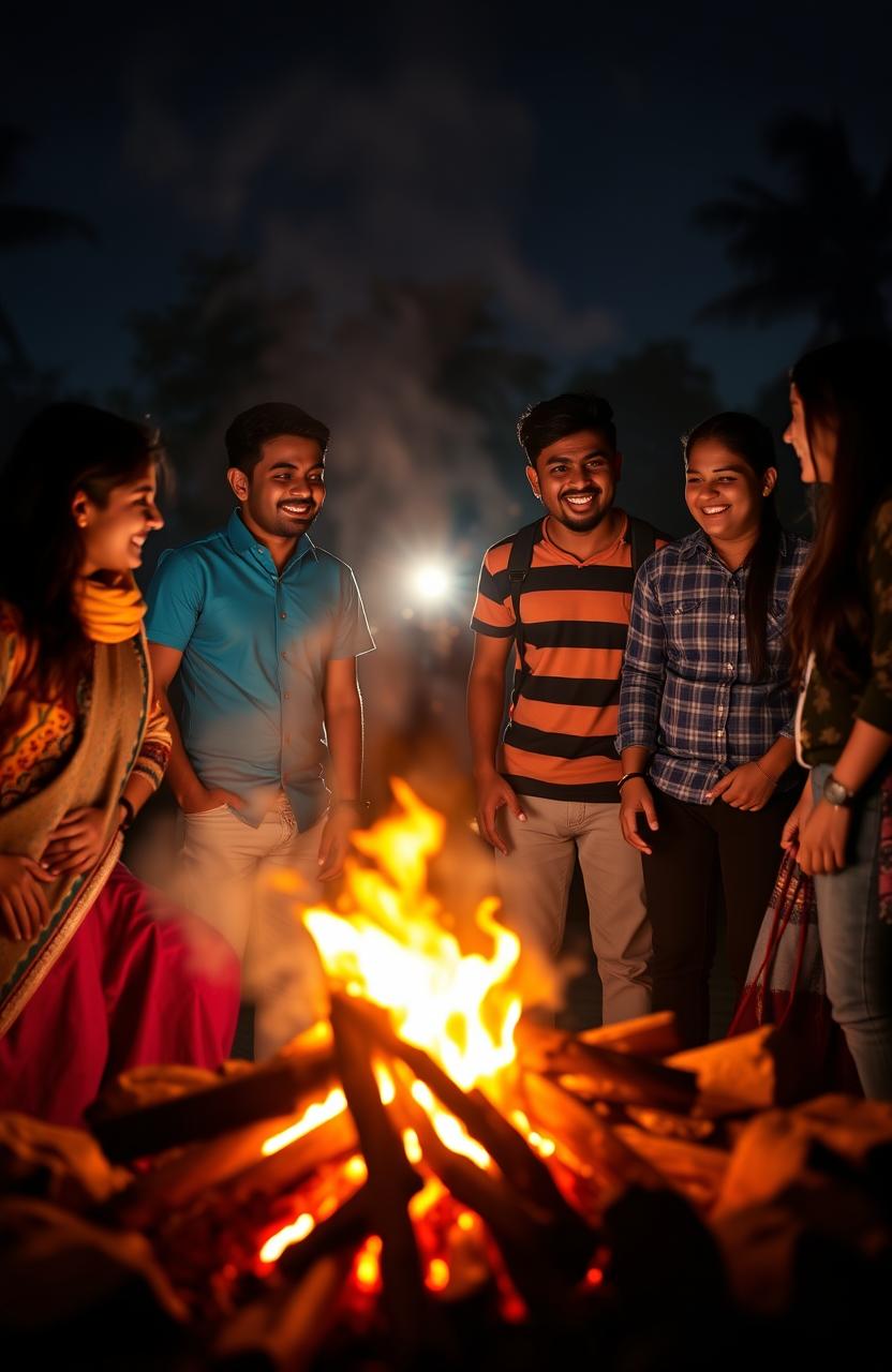 A vibrant scene capturing two straight couples and one gay couple from India, all college students, gathered around a bonfire