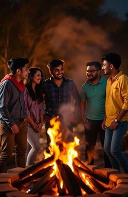 A vibrant scene capturing two straight couples and one gay couple from India, all college students, gathered around a bonfire