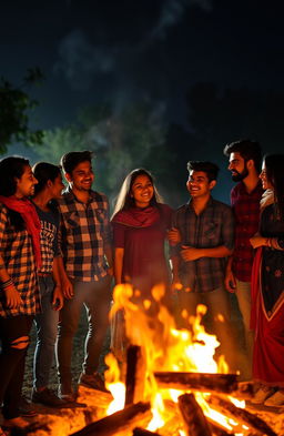 A vibrant scene capturing two straight couples and one gay couple from India, all college students, gathered around a bonfire