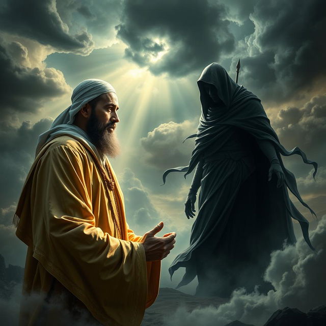 A powerful and symbolic representation of Imam Mahdi facing off against Al-Masih ad-Dajjal in a dramatic setting