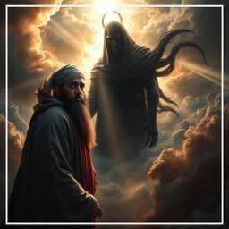 A powerful and symbolic representation of Imam Mahdi facing off against Al-Masih ad-Dajjal in a dramatic setting