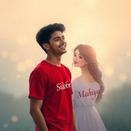 A serene and dreamy scene featuring a young man named Md Sofor standing peacefully, smiling lovingly while deep in thought about his girlfriend Mahiya