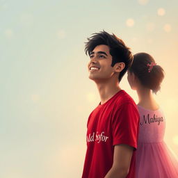 A serene and dreamy scene featuring a young man named Md Sofor standing peacefully, smiling lovingly while deep in thought about his girlfriend Mahiya