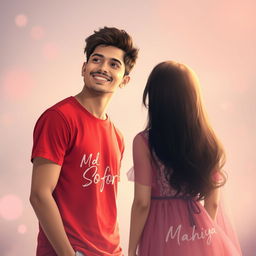 A serene and dreamy scene featuring a young man named Md Sofor standing peacefully, smiling lovingly while deep in thought about his girlfriend Mahiya