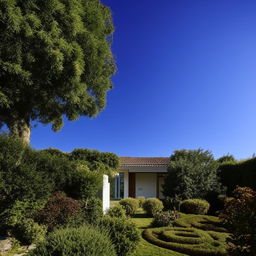 A detailed, single-story house in the middle of a lush garden under a clear blue sky.