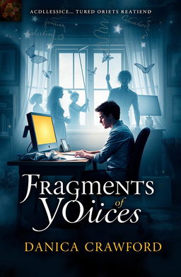 A captivating book cover for 'Fragments of Voices' by Danica Crawford featuring a young man sitting at a desk