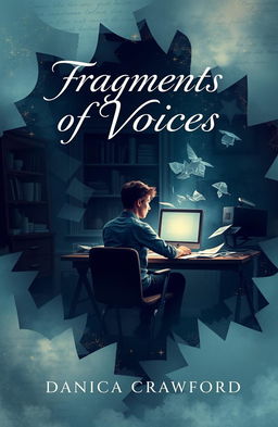 A captivating book cover for 'Fragments of Voices' by Danica Crawford featuring a young man sitting at a desk