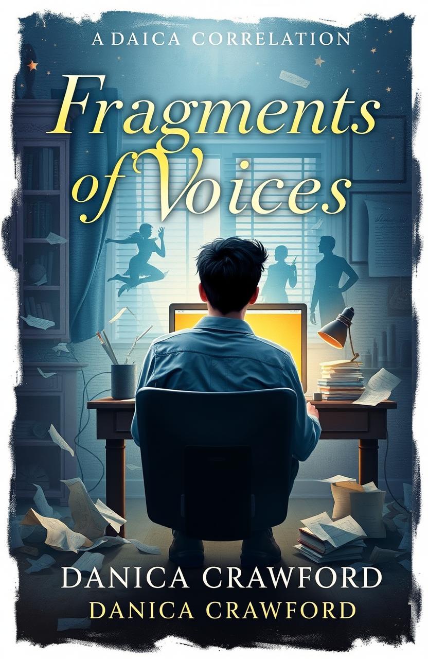 A captivating book cover for 'Fragments of Voices' by Danica Crawford featuring a young man sitting at a desk