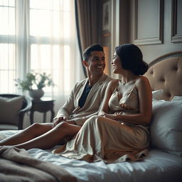 A cinematic scene featuring Cristiano Ronaldo and Ana de Armas relaxed together in a luxurious bedroom setting