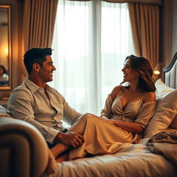 A cinematic scene featuring Cristiano Ronaldo and Ana de Armas relaxed together in a luxurious bedroom setting