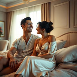 A cinematic scene featuring Cristiano Ronaldo and Ana de Armas relaxed together in a luxurious bedroom setting