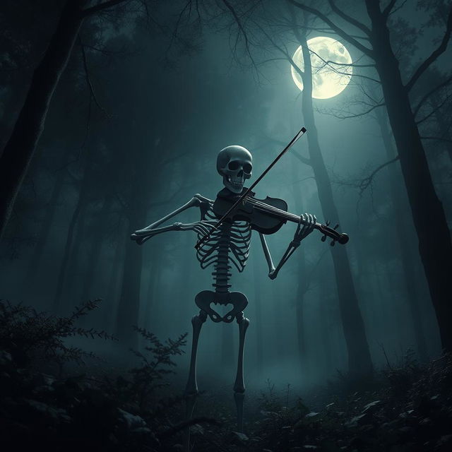 A solitary skeleton playing a violin in a dark, dense forest, surrounded by towering trees