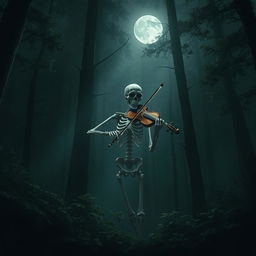 A solitary skeleton playing a violin in a dark, dense forest, surrounded by towering trees