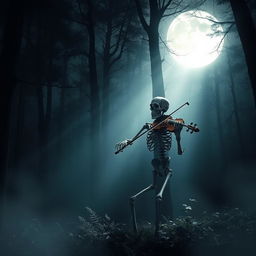 A solitary skeleton playing a violin in a dark, dense forest, surrounded by towering trees