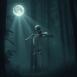 A solitary skeleton playing a violin in a dark, dense forest, surrounded by towering trees