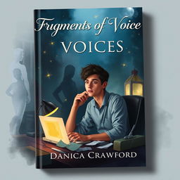 A captivating book cover for 'Fragments of Voices' by Danica Crawford, featuring a young man with a thoughtful expression sitting at a cluttered desk