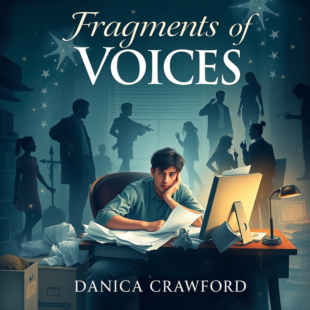 A captivating book cover for 'Fragments of Voices' by Danica Crawford, featuring a young man with a thoughtful expression sitting at a cluttered desk