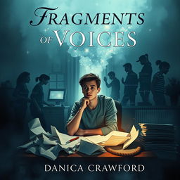 A captivating book cover for 'Fragments of Voices' by Danica Crawford, featuring a young man with a thoughtful expression sitting at a cluttered desk