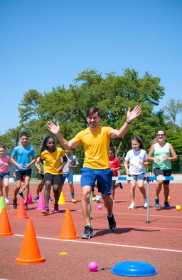An engaging and dynamic physical education class taking place outdoors on a sunny day