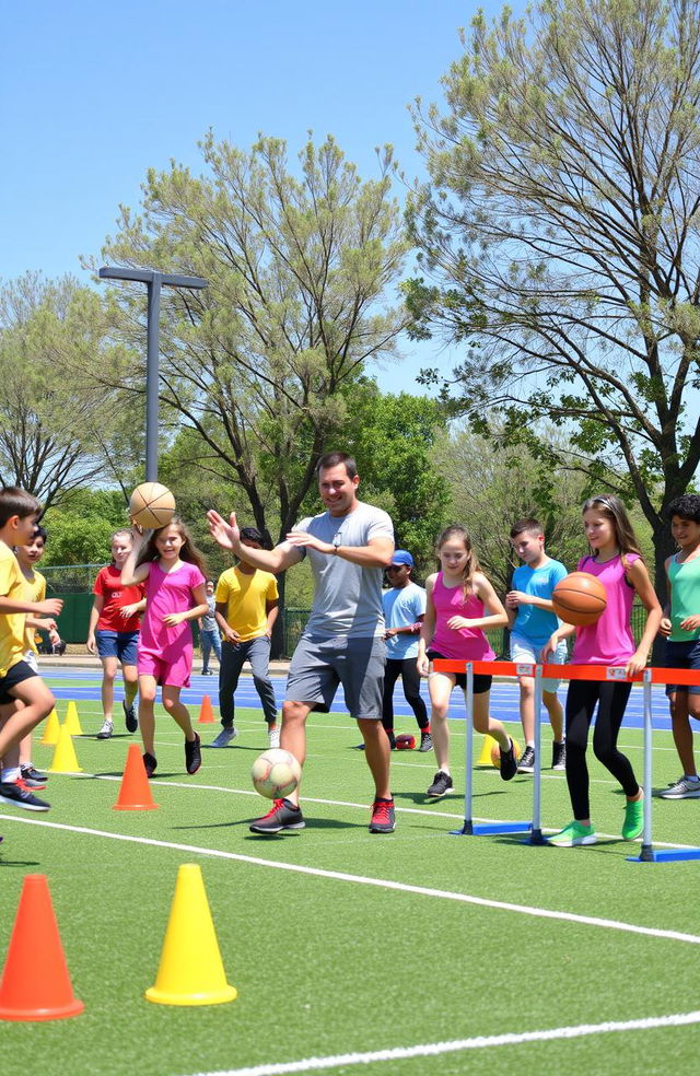 An engaging and dynamic physical education class taking place outdoors on a sunny day