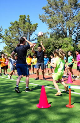 An engaging and dynamic physical education class taking place outdoors on a sunny day